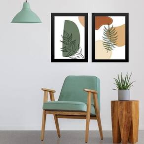 Kit 2 Quadros Estilo Boho Folhas Verdes 33X24Cm - Com Vidro