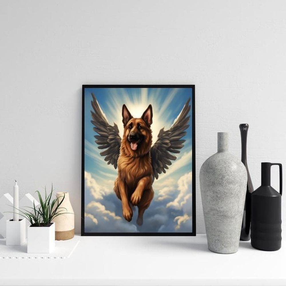 Quadro Cão Pastor Alemão Com Asas 33X24Cm - Com Vidro
