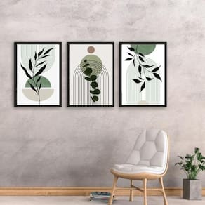 Kit 3 Quadros Estilo Boho Folhas Verdes 24X18Cm - Com Vidro