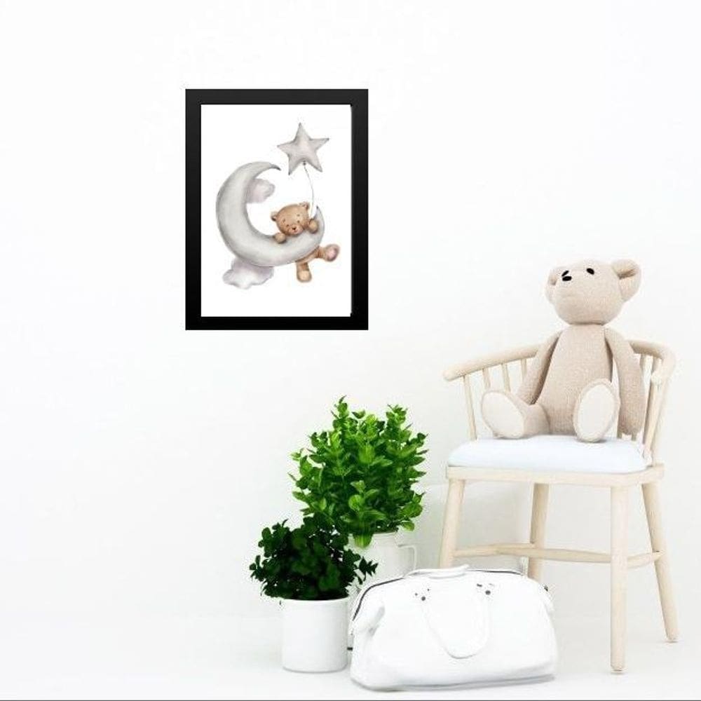 Quadro Quarto Bebê Ursinho Lua Estrela 45X34Cm - Com Vidro