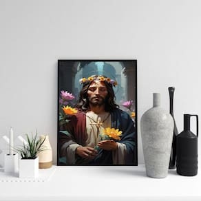 Quadro Decorativo Jesus Com Flores 24X18Cm - Com Vidro