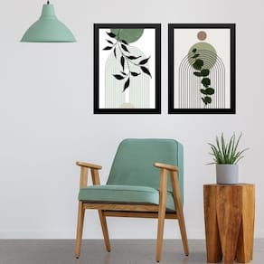 Kit 2 Quadros Abstratos Boho Folhas Soft 33X24Cm