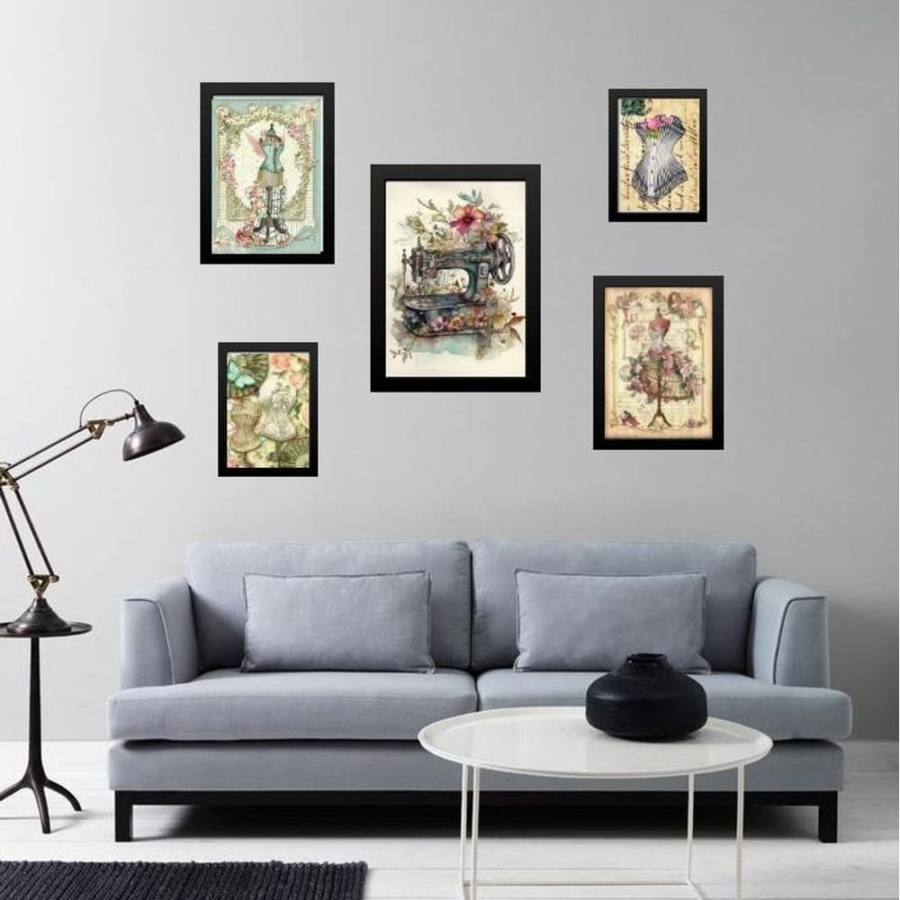 Kit 5 Quadros Atelier Costura Vintage