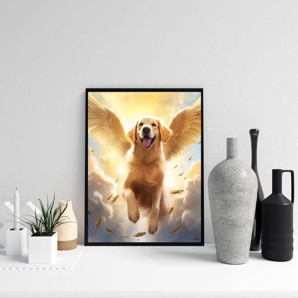 Quadro Cão Golden Retriever Com Asas 33X24Cm - Com Vidro