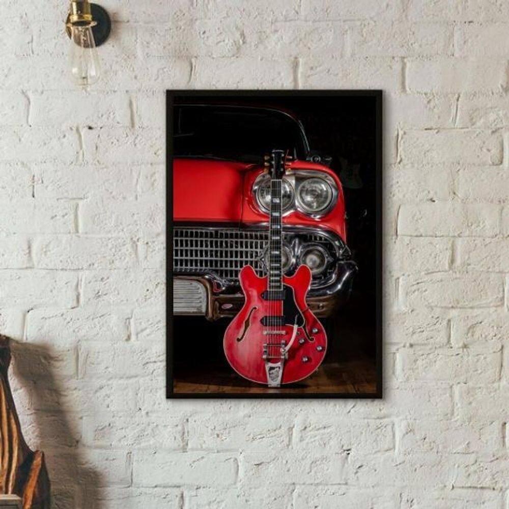 Quadro Guitarra E Carro Antigo Vermelhos 45X34Cm - Com Vidro