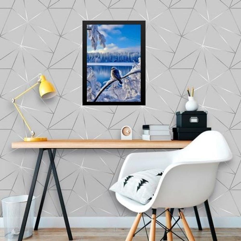 Quadro Paisagem Neve - Passarinho 45X34Cm - Com Vidro