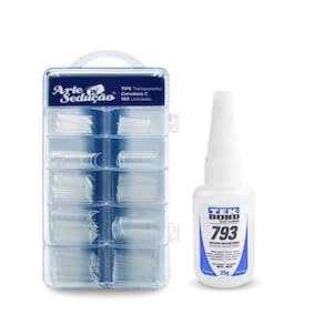 Kit 100 Tips Curvatura C Transparente + Cola Tek Bond 793