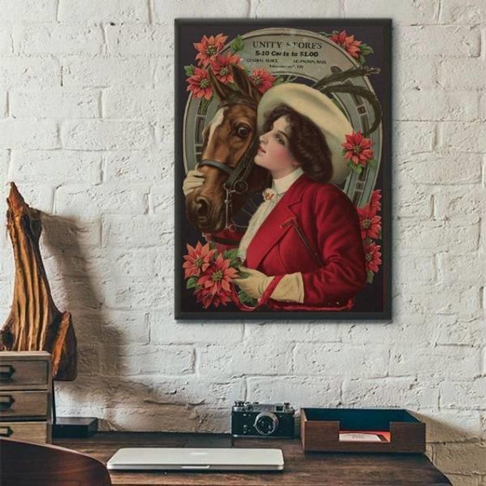 Quadro Mulher Vintage Com Cavalo 45X34Cm - Com Vidro