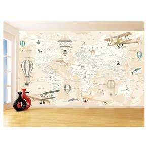 Papel De Parede 3D Mapa Mundi Kids Avião Balão 3,5M Nmu91