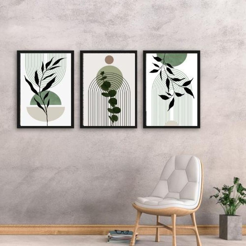 Kit 3 Quadros Estilo Boho Folhas Verdes 24X18Cm - Com Vidro