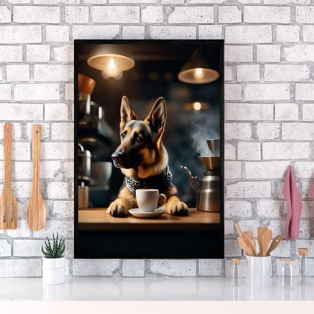 Quadro Pastor Alemão Tomando Café 33X24Cm