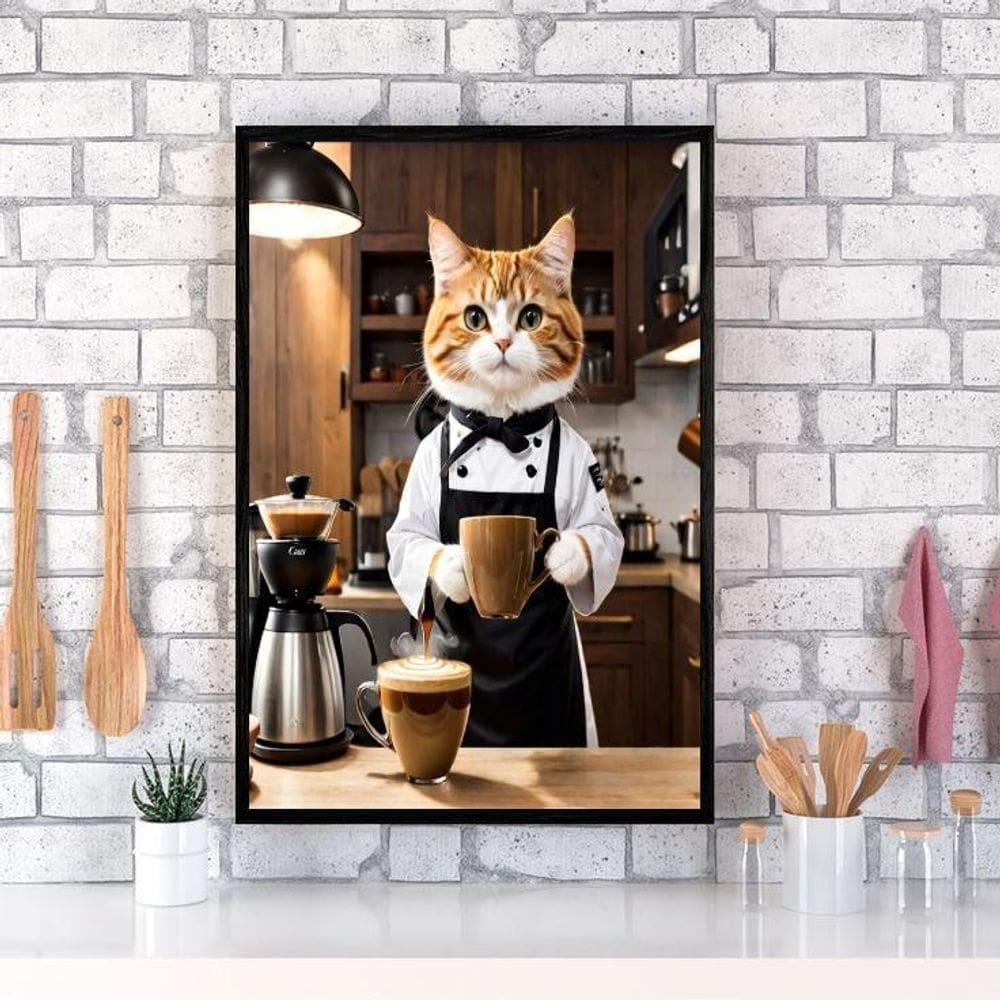 Quadro Decorativo Café Gatinho Barista 45X34Cm
