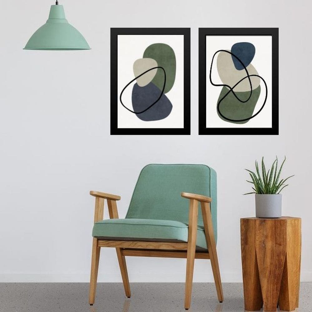 Kit 2 Quadros Abstratos Verde Bege E Cinza 33X24Cm - Vidro