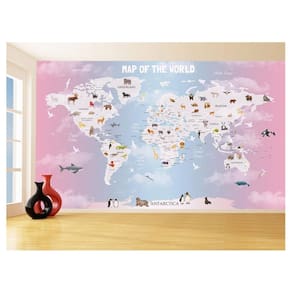 Papel De Parede 3D Mapa Mundi Infantil Animais 3,5M Nmu86