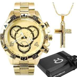 Relogio Masculino Prova Dagua Dourado + Aço Inox Robusto
