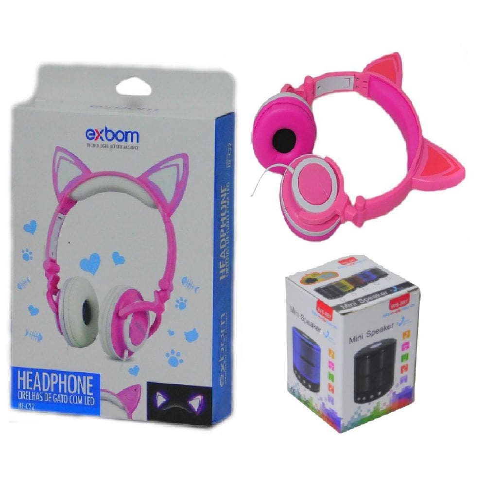 Fone De Ouvido Headphone P2 Orelha De Gato + 1 Mini Speaker