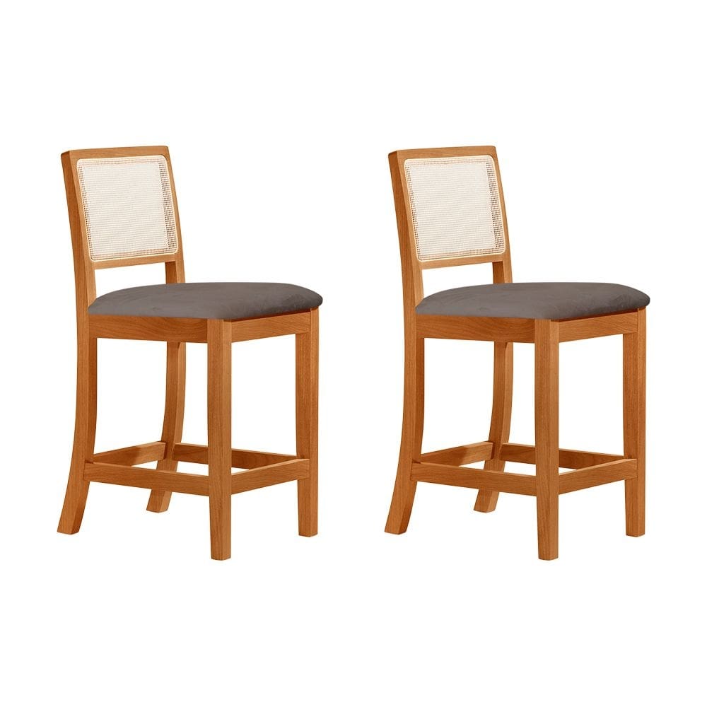 Kit 2 Banquetas Altas Luxo Em Tela Sextavadas Assento Estofado Veludo Cinza Rubi Madeira Maciça