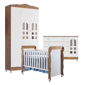 Quarto de Bebê New Selena 3 Portas com Cômoda Gran Selena e Berço Mirelle Branco Acetinado Amadeirado – Carolina Móveis