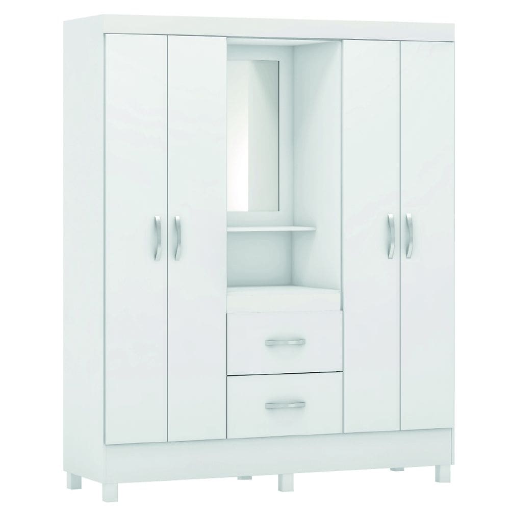 Guarda Roupas Casal Capela 4 Portas Com Espelho 2 Gavetas Branco/Rosa Flex Lord Demóbile