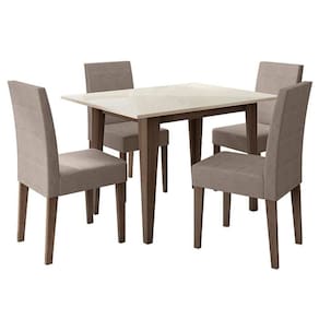 Mesa de Jantar 120cm Kate com Vidro Amêndoa Off White e 4 Cadeiras Josi Liso Amêndoa Cappuccino – Poliman