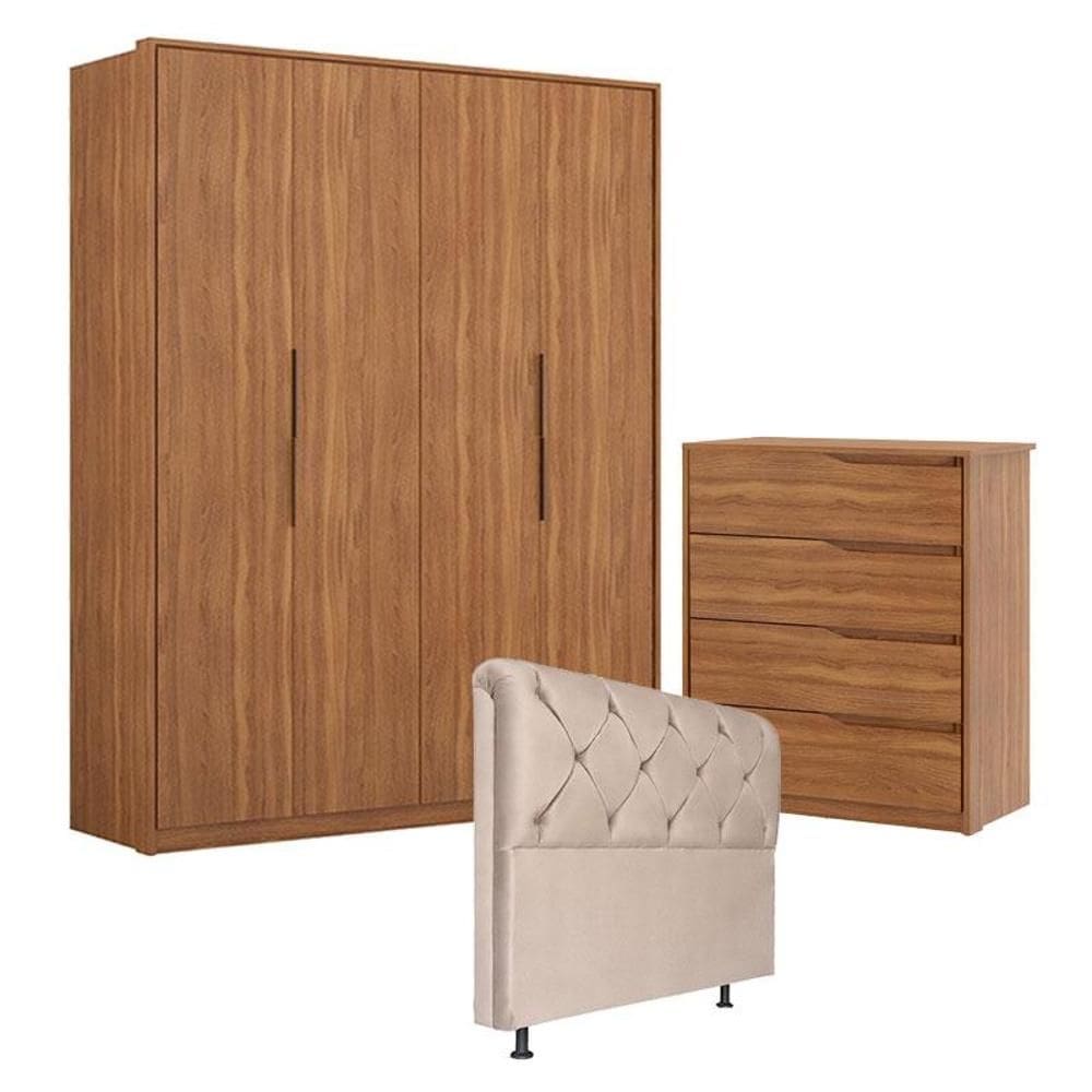 Guarda Roupa Attore 4 Portas e Cômoda Atria Amêndola com Cabeceira Daiana 160 cm Marfim – Demartêz