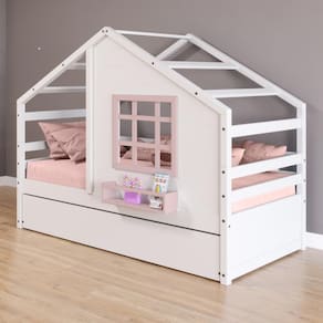 Bicama Casinha com Janela Madeira Maciça Branco/ Rosa Housin