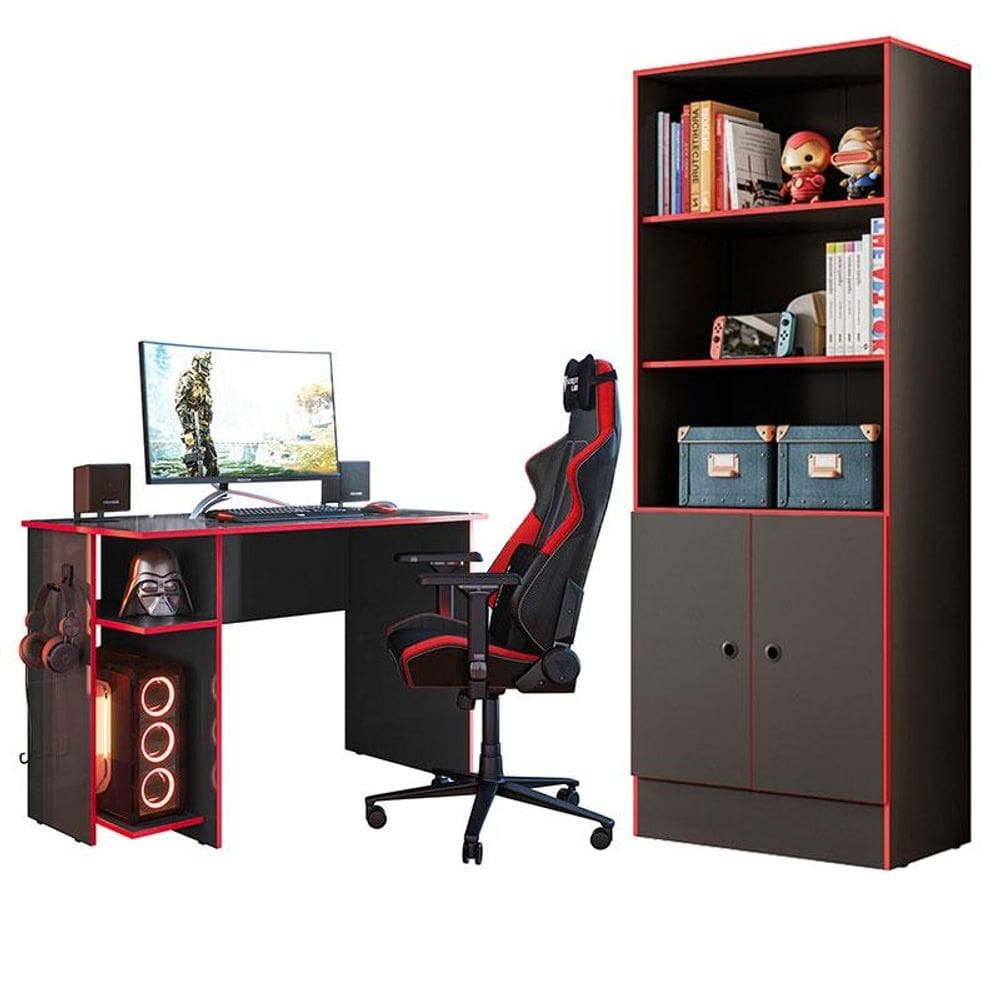 Mesa para Computador 3875 e Armário Gamer 4095 Preto Fosco Vermelho - Qmovi