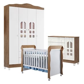 Quarto de Bebê New Selena 4 Portas com Cômoda Selena e Berço Mirelle Branco Acetinado Amadeirado – Carolina Móveis