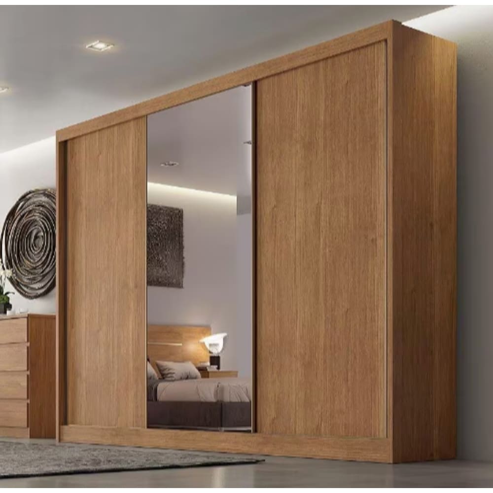 Guarda Roupa Casal Diamond 3 Portas 8 Gavetas Com 1 porta de Espelho - Cumaru - Móveis Novo Horizonte