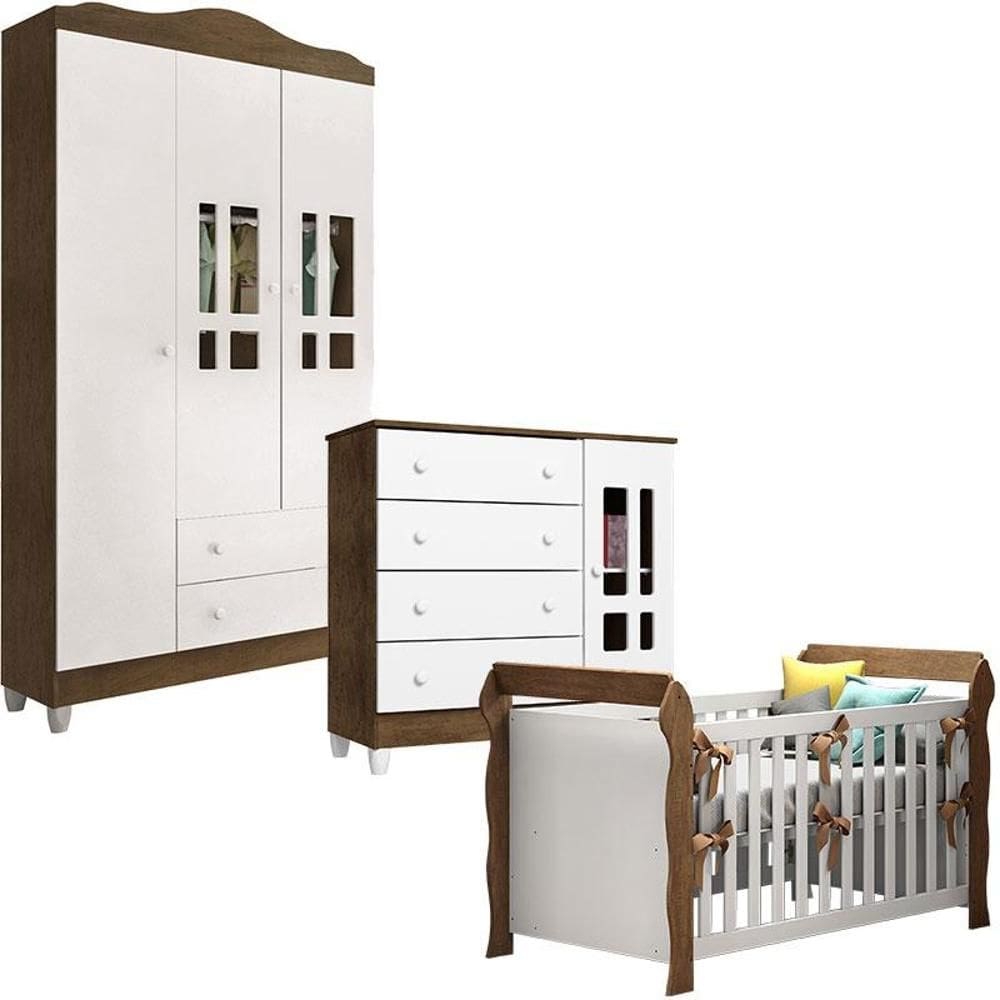 Quarto de Bebê Ariel 3 Portas e Berço Lara Branco Acetinado Amadeirado – Carolina