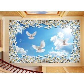 Papel De Teto Céu Azul Nuvens Flores Pombas 3,5M Rof36