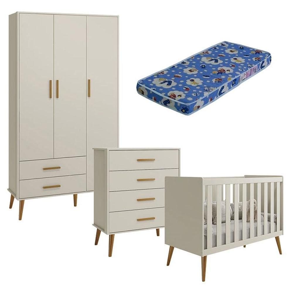 Quarto de Bebê Isis 3 Portas com Gaveteiro Areia Acetinado e Colchão Ortobom - Reller