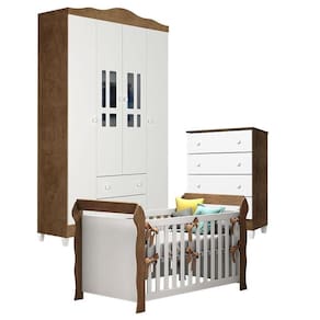 Quarto de Bebê Ariel 4 Portas com Gaveteiro e Berço Lara Branco Acetinado Amadeirado – Carolina