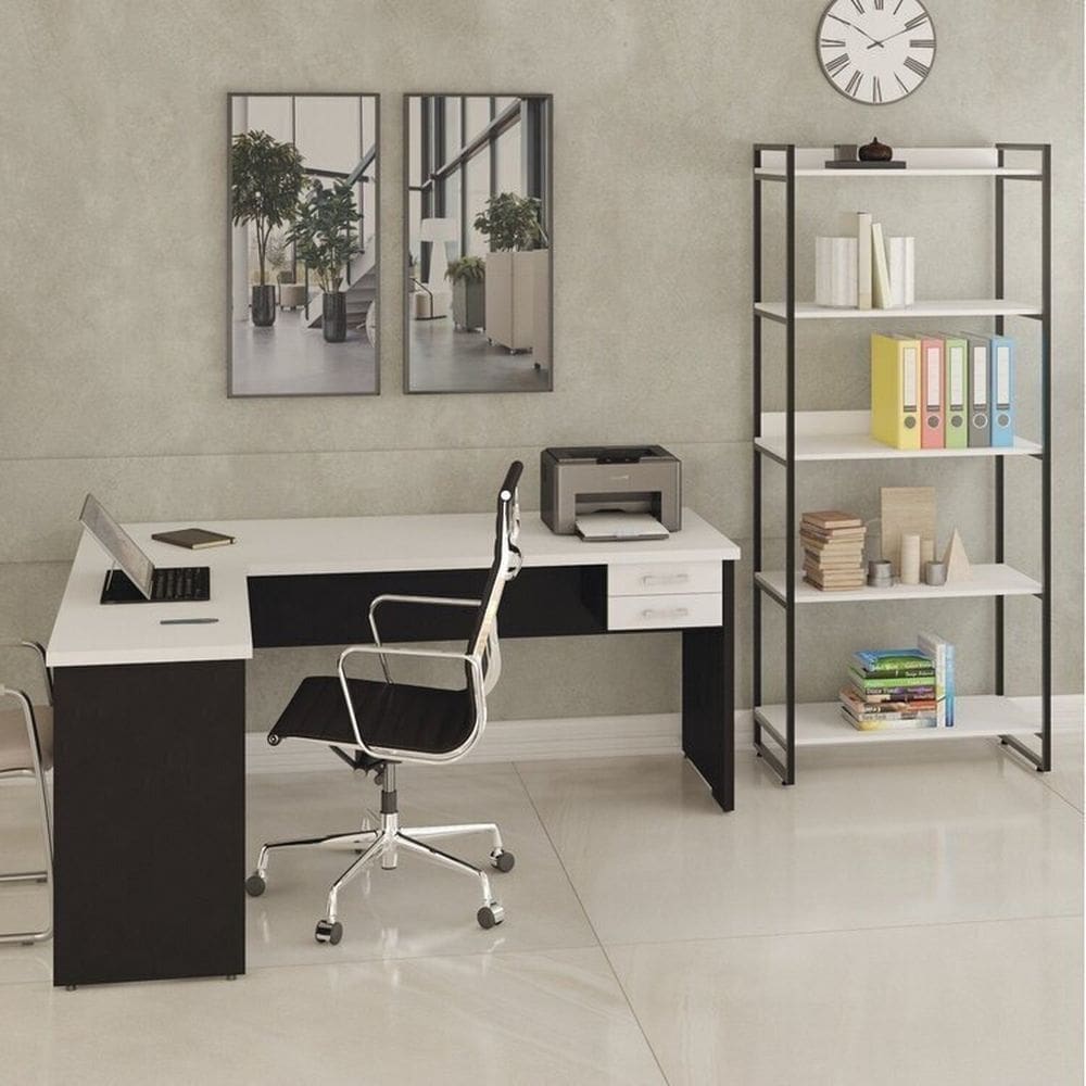 Conjunto Home Office 2 Peças com Escrivaninha Work30 e Estante Kuadra Snow/Preto Ônix
