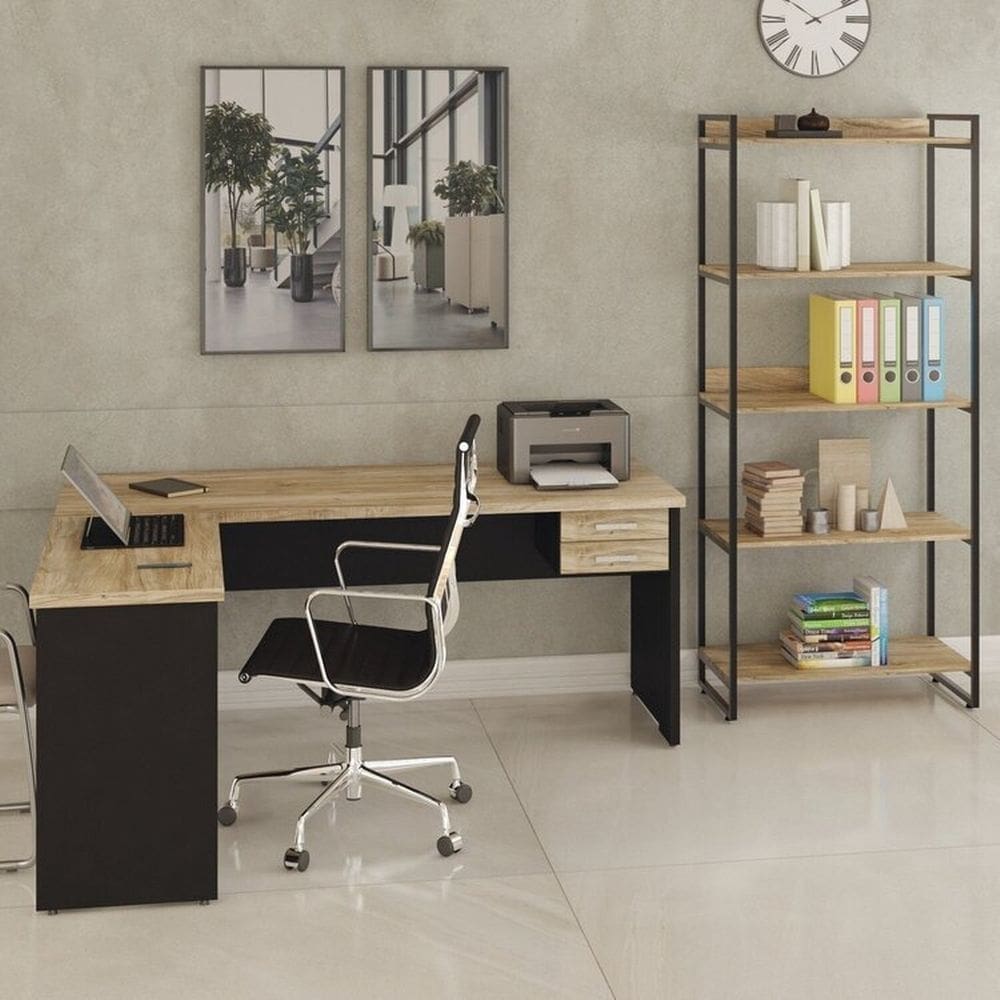Conjunto Home Office 2 Peças com Escrivaninha Work30 e Estante Kuadra Carvalho/Preto Ônix