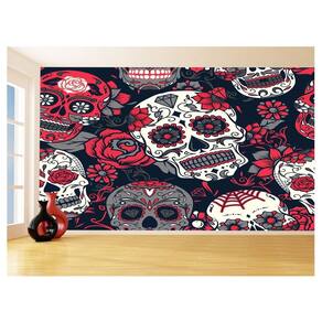 Papel De Parede 3D Arte Caveiras Mexicanas Flor 3,5M Tra42