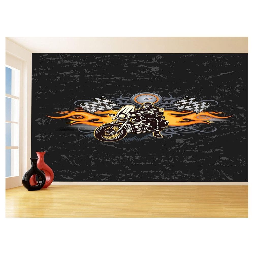 Papel De Parede 3D Moto Bike Desenho Fogo Chamas 3,5M Bkm84