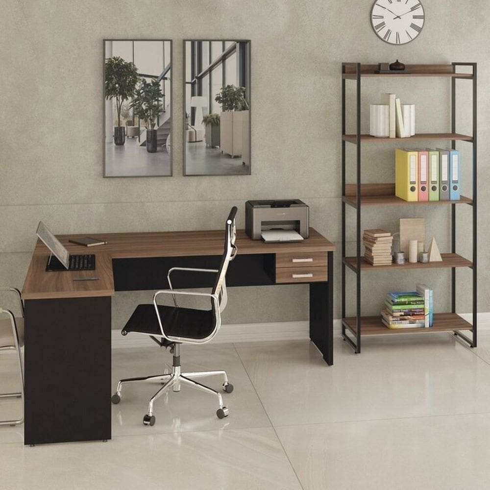 Conjunto Home Office 2 Peças com Escrivaninha Work30 e Estante Kuadra Nogal/Preto Ônix