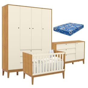 Quarto de Bebe Unique 4 Portas com Cômoda Sapateira Freijó Off White Eco Wood e Colchão Ortobom - Matic