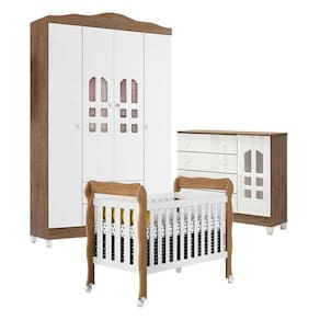 Quarto de Bebê New Selena 4 Portas com Berço Lila e Cômoda Selena Branco Acetinado Amadeirado – Carolina Móveis