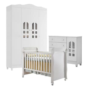 Quarto de Bebê New Selena 4 Portas com Cômoda Selena e Berço Mirelle Branco Brilho – Carolina Móveis