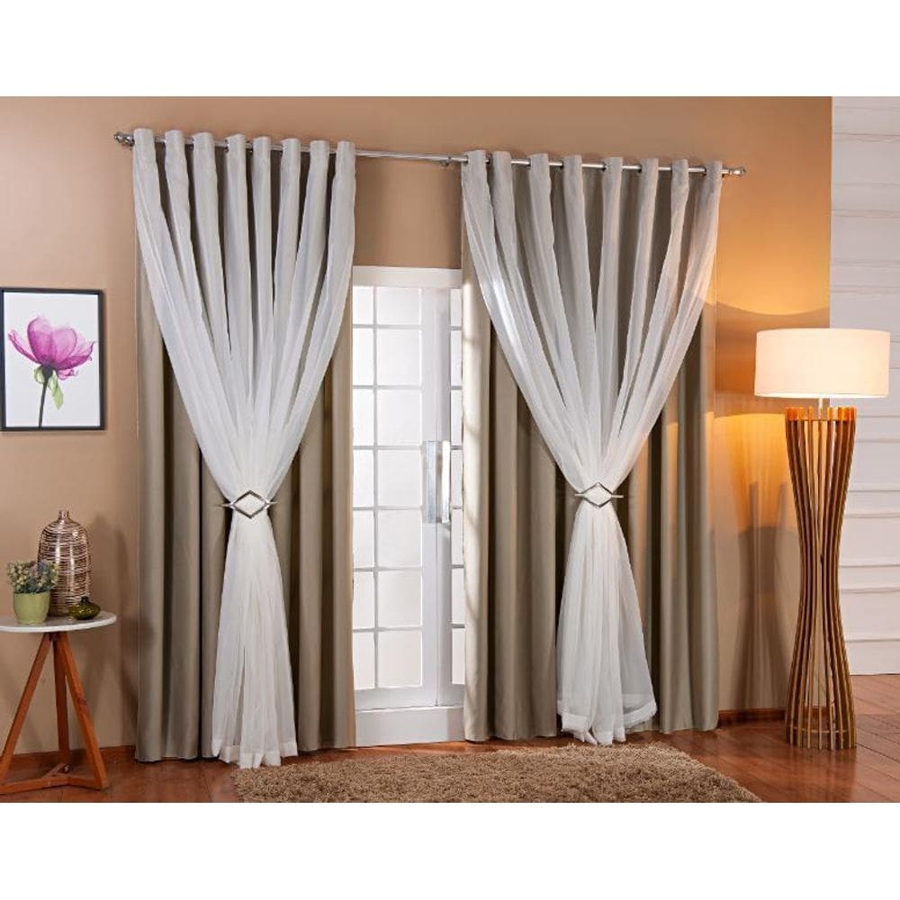 Cortina Voil Forro Blackout Tecido 5,00X2,60 Palha/Branco