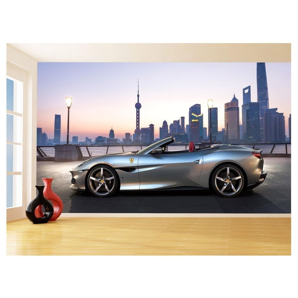 Papel De Parede Carro Ferrari Prata Céu Sport 3,5M Car136