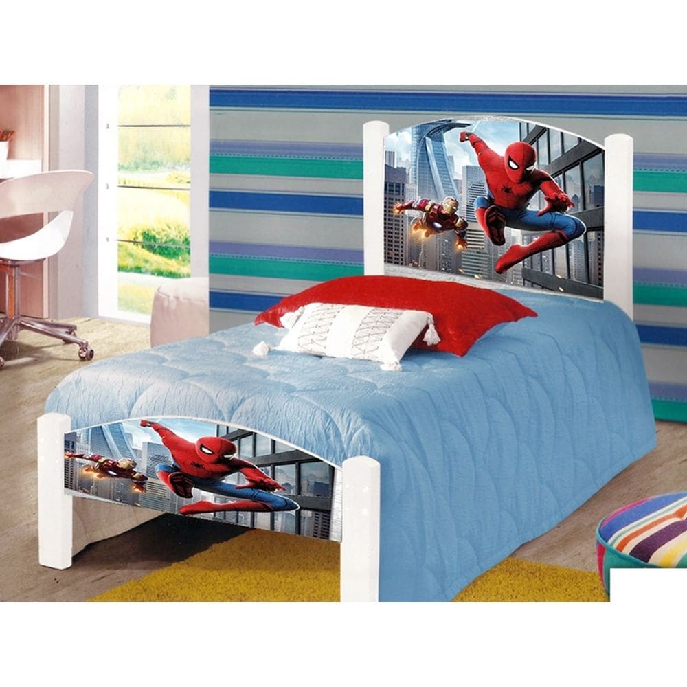 Cama de Criança Solteiro Infantil Adesivada Homem Aranha com Grade de Proteção