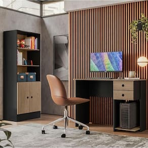 Mesa Escrivaninha 4115 e Armário Gamer 4095 Ambiente Preto Fosco Carvalho TOQ Rústico – Qmovi