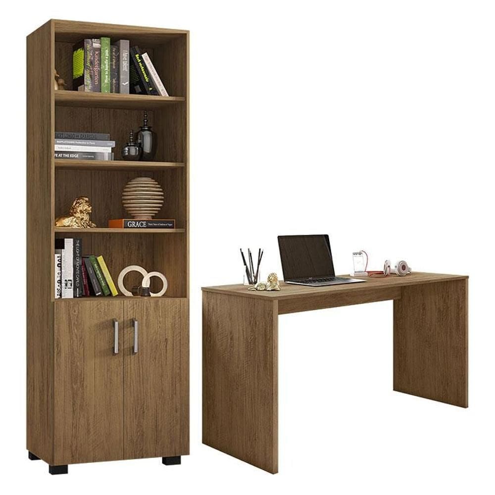 Mesa para Computador Gávea e Livreiro Office com Portas Pequenas Freijó - Móveis Leão