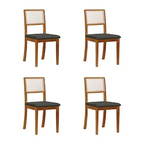 Kit 4 Cadeiras De Jantar Luxo Palha Estofadas Linho Cinza Escuro Encosto Tela Sextavada Rubi Madeira Maciça