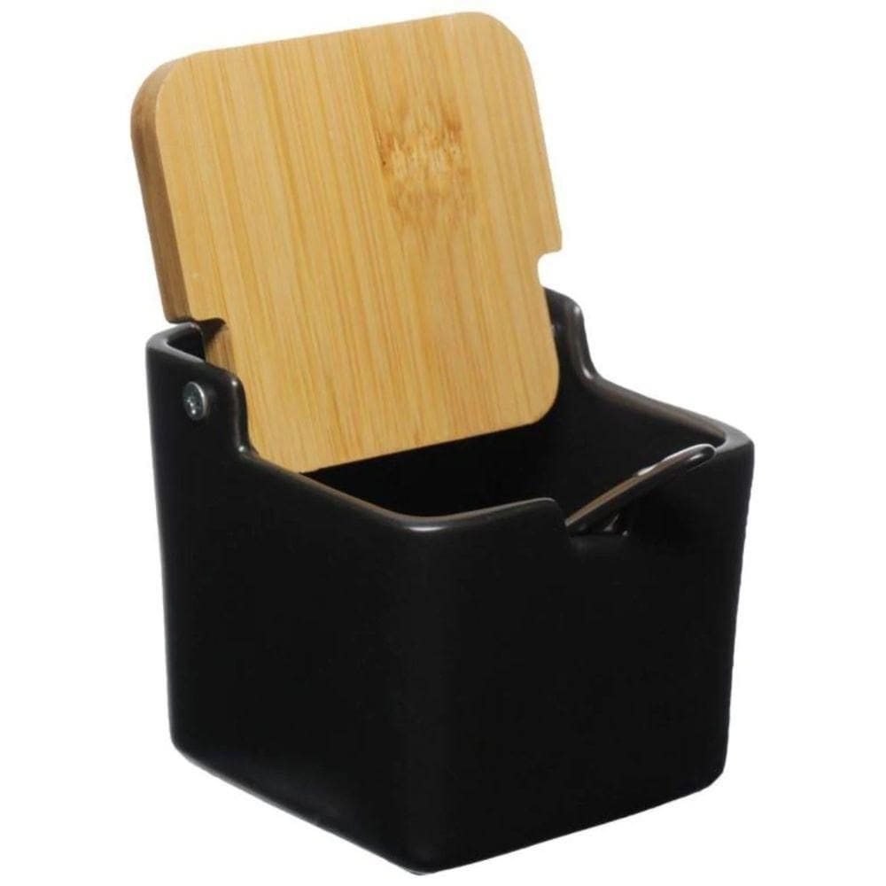Saleiro Quadrado De Cerâmica Tampa Bambu Colher 270Ml Preto