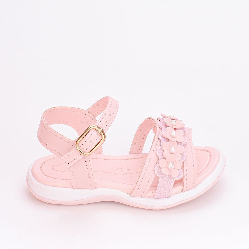 Sandália Infantil Feminina Kidy Pérola e Flores Rosa Claro