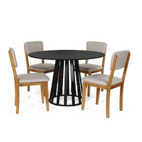 Mesa de Jantar Redonda Gabi Preta com 4 Cadeiras Estofadas Ella Cinza Claro